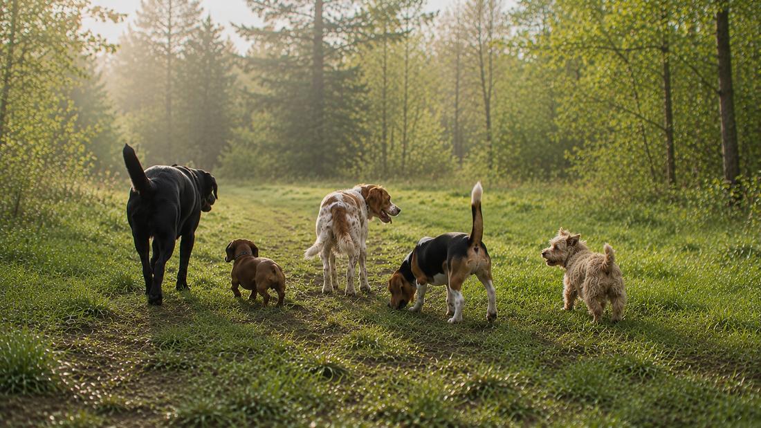 Groupe de chiens en balade collective sur un sentier forestier autour de Strasbourg